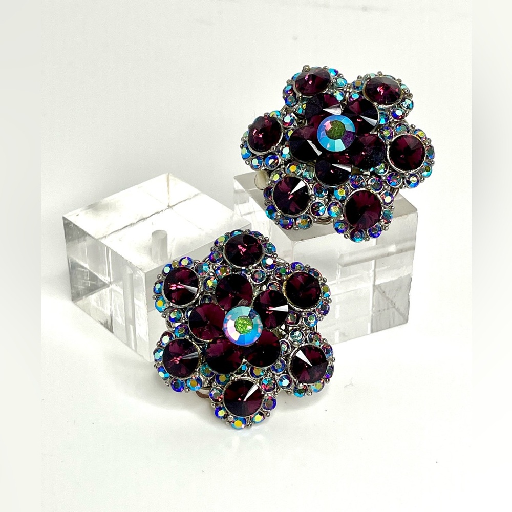 Vintage 80’s  Deep Purple and Aurora Borealis  Rhinestone Cluster Clip Earrings